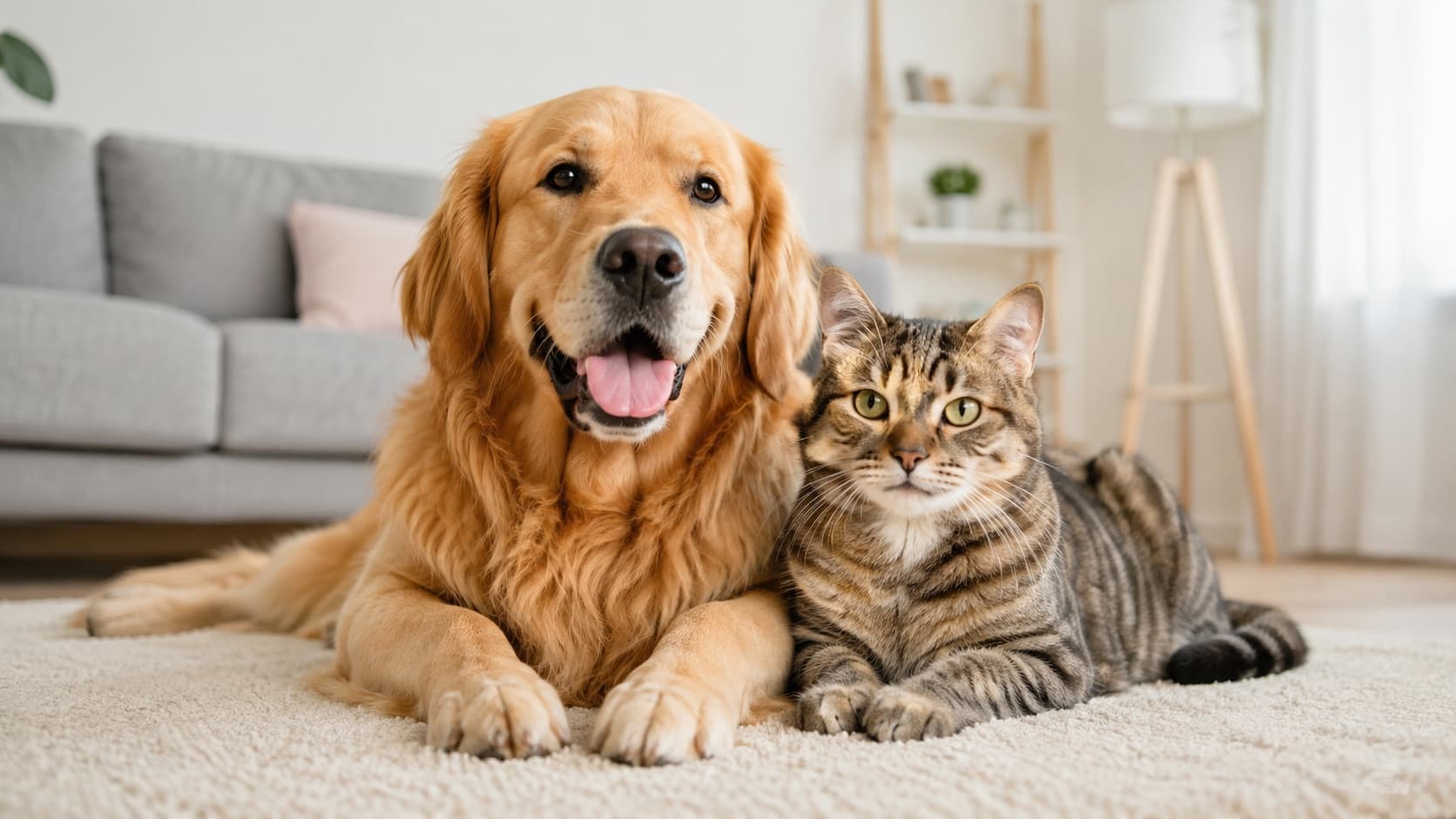 Bir köpek ve bir kedi, aydınlık bir oturma odasında yan yana dinleniyor
