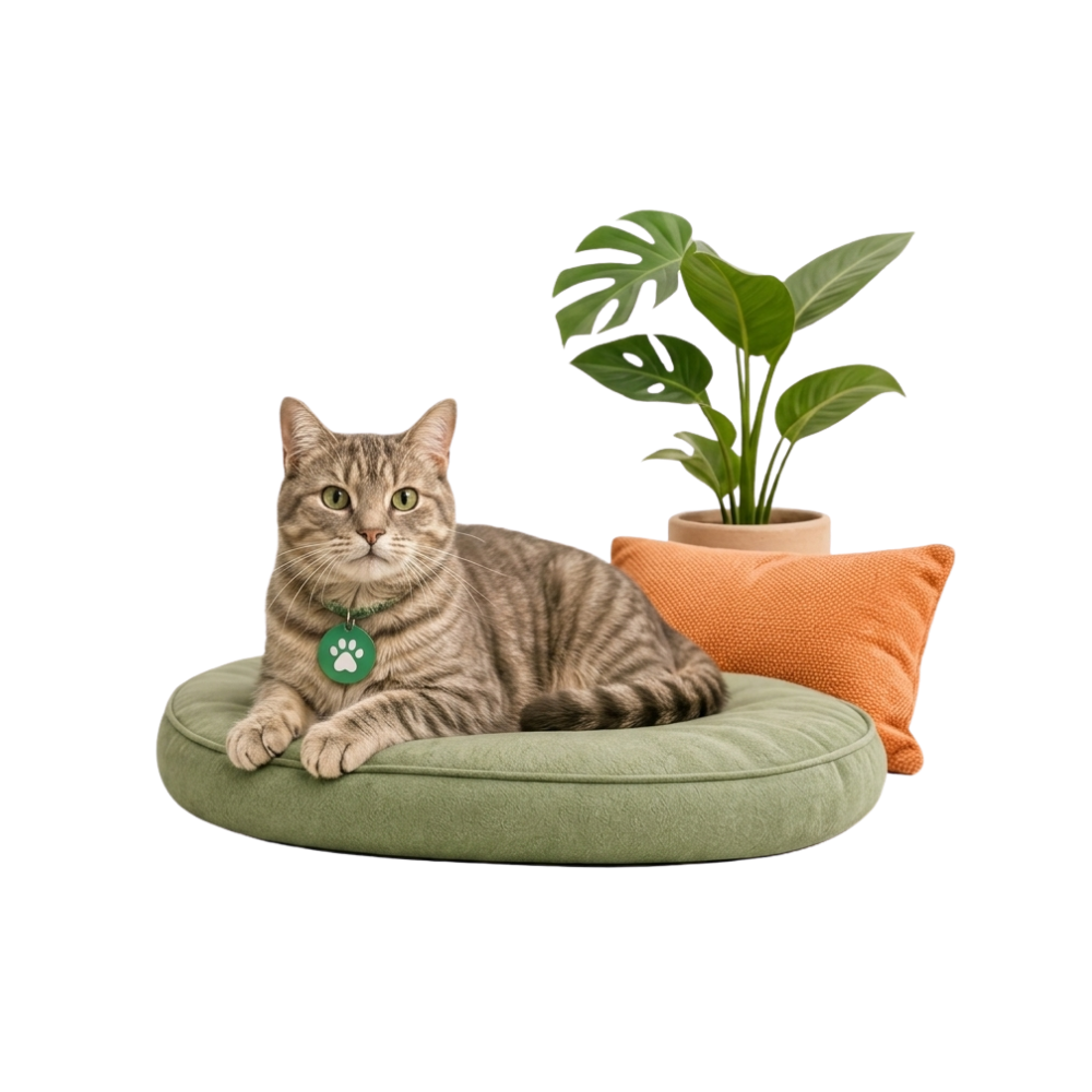 Yeşil minderde bir tekir kedi