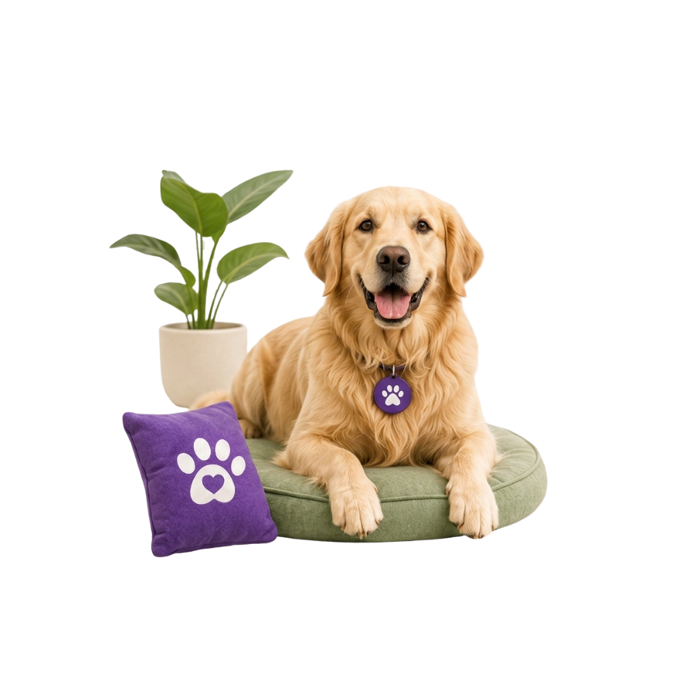 Yeşil minderde mutlu bir golden retriever